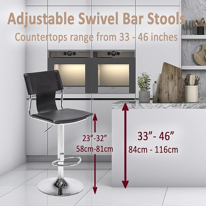 Sidanli Swivel Barstools Set of 2, Adjustable Barstools Set of 2，Faux Leather Bar Chairs for Kitchen Island, Hydraulic Counter Height Bar Stools with Backrest, Black