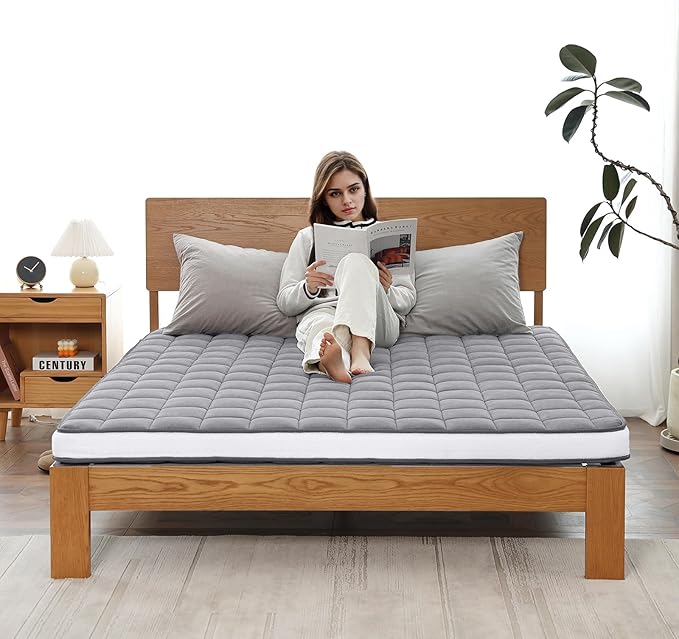 Welnow Japanese Futon Floor Mattress, Twin Size Thick Tatami Mat Portable & Foldable Roll Up Floor Bed Mattress with Storage Bag, Sleeping Pad for Adults, Dorm, Guest Bed, Camping and Travel, Grey