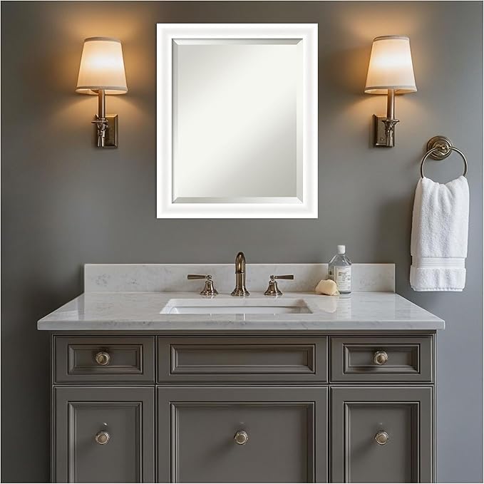 Amanti Art White Bathroom Mirror for Over Sink, 23x19 Oliver White Narrow Rectangle Vanity Mirror, Small Modern Wood Frame, Hangs Horizonally and Vertically, Bathroom Wall Decor, Beveled Edge