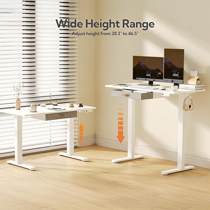 Seang Standing Desk with Drawer, 48" x 24" Height Adjustable Stand Up Desk, 3 Memory Height Settings with Cable Grommets & Storage Hooks, Ideal for Home & Office, White