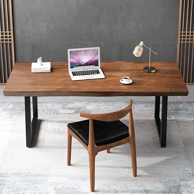 Modern Minimalist Solid Wood Office Desk with Metal Base Easy to Assemble Durable Writing Table Dining Table Computer Desk Multiple Ideal for Living Room and Dining Room (63inch)