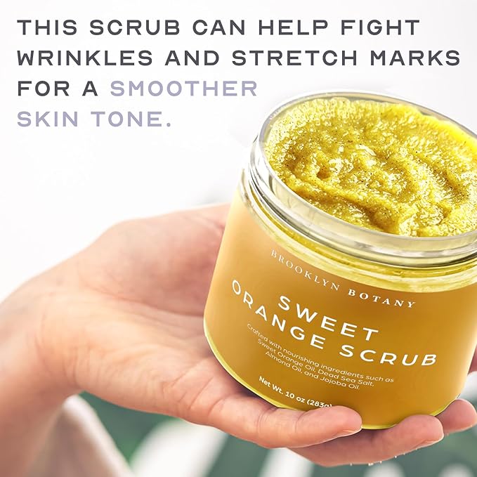 Brooklyn Botany Sweet Orange Body Scrub - Moisturizing and Exfoliating Body, Face, Hand, Foot Scrub - Fights Stretch Marks, Fine Lines, Wrinkles - Great Gifts for Women & Men - 10 oz