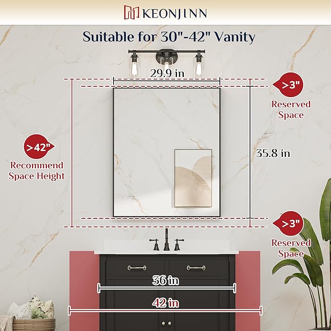 Keonjinn 30 x 36 in Brushed Nickel Bathroom Mirror for Over Sink, Rectangular Silver Metal Framed Rectangular Vanity Wall Mirror Square Corner Modern Farmhouse Rectangle Mirror(Horizontal/Vertical)