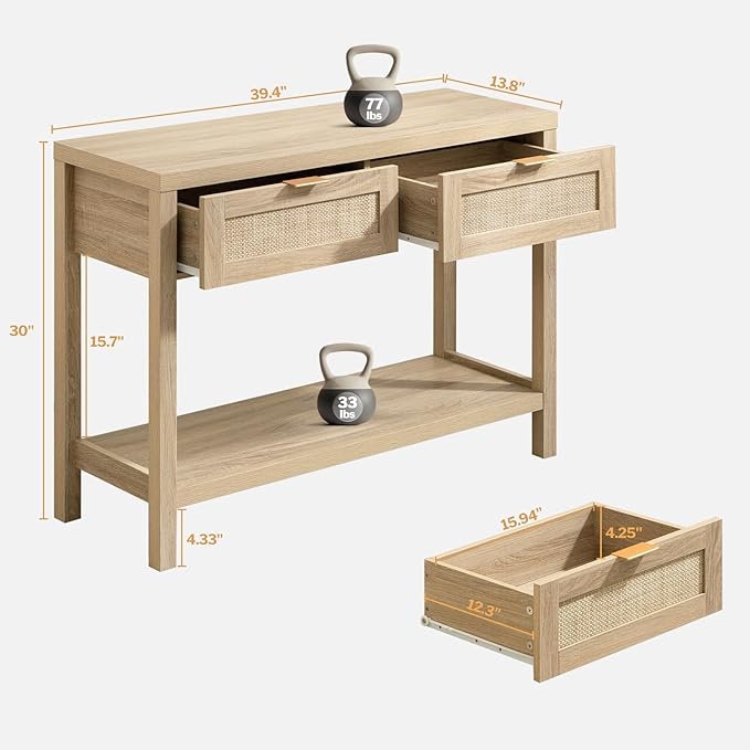 SICOTAS Rattan Console Table for Entryway - Boho Entryway Table with Storage and Drawers, Small Entry Tables for Hallway Behind Couch Table Sofa Table