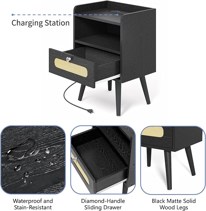End Table Set of 2 with Charging Station, Diamond Décor Nightstands Set of 2, Bedside Table Set of 2 with Solid Wood Legs, Black