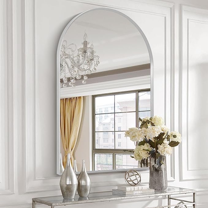 30" x 48" Silver Arched Mirror, Arch Wall Mirror, Metal Frame Black Bathroom Mirror, Arched Top Bathroom Vanity Mirror for Living Room, Bedroom, Entryway, Tempered Glass, Shatter Proof