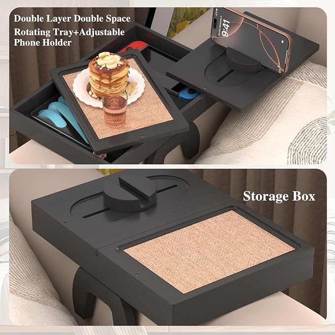 Bamboo Couch Armrest Table with Couch Cup Rest,Non-Slip Armrest Tray Table for Couch,Adjustable Sofa Table with Rotating Phone Holder,Perfect for Living Room and Dining,Black
