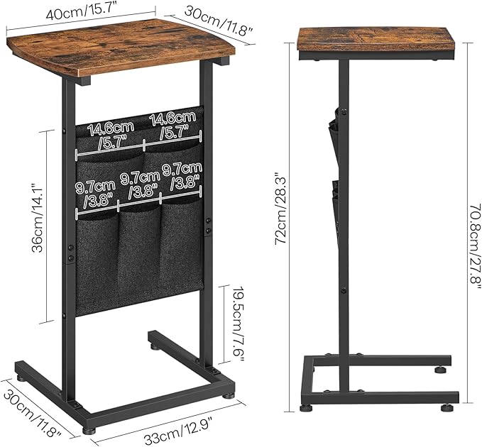HOOBRO C Shaped End Table Set of 2, Small Side Table for Couch with Storage Bag, Slide Under Sofa, for Small Place, Sturdy Frame, Living Room, Bedroom, Rustic Brown and Black BF40SFP201
