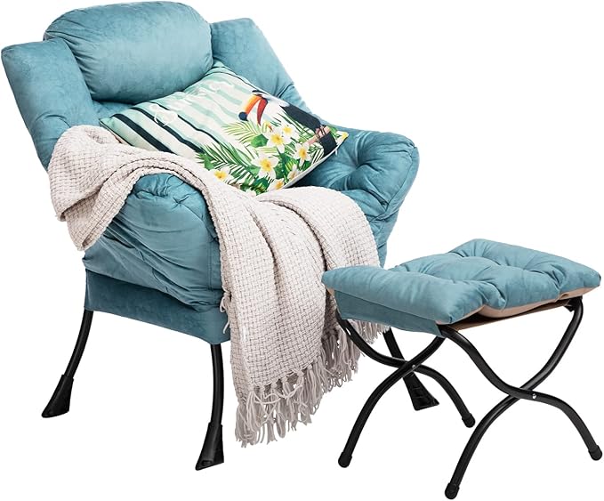 HollyHOME Fabric Lazy Chair with Foldable Ottoman, Accent Comfy Lounge Arm Chair and Folding Footrest Stool Set, Leisure Sofa Reading Chair and Footstool for Living Room, Bedroom, Dorm, Blue