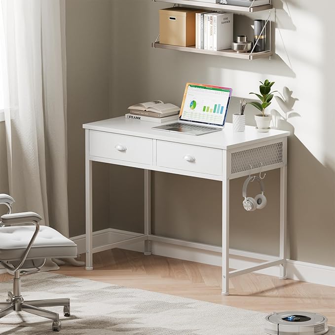 Furologee White Small Computer Desk with 2 Fabric Drawers for Bedroom,34 Inch Simple Home Office Writing Desk, Vanity Desk with Hooks, Study Table for Adults Student Small Spaces