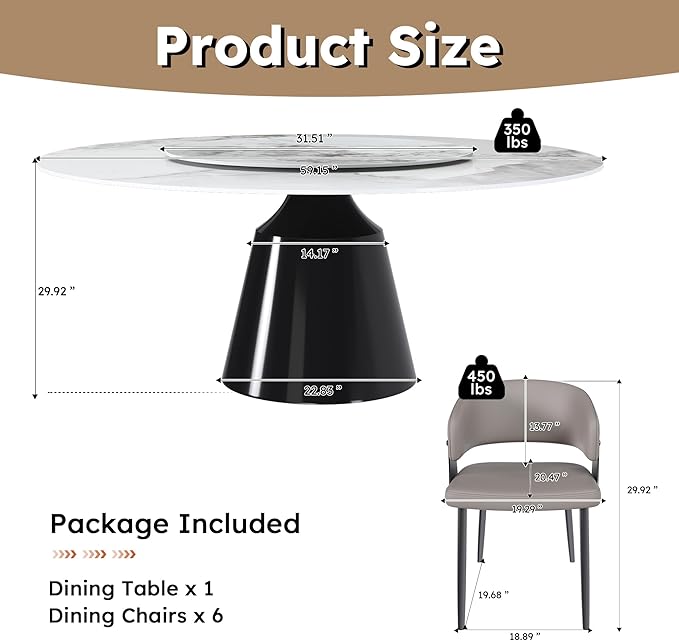 Ball & Cast 7-Piece Dining Set,Faux Marble Table with Detachable Rotating Tray & 6 PU Leather Chairs,Modern Kitchen Dining Room Table Set w/Stainless Steel Base,for Restaurant & Home,Grey