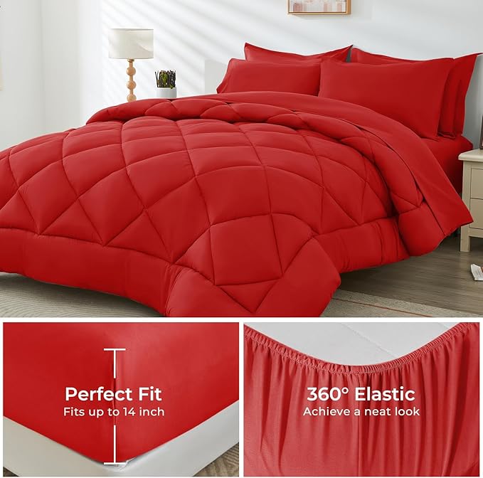 HEVUMYI Red Twin Comforter Set - 5-Piece All Season Bed in a Bag Twin, Ultra Soft Bedding Set with Comforter, Flat Sheet, Fitted Sheet, Pillowcases, Pillow Shams
