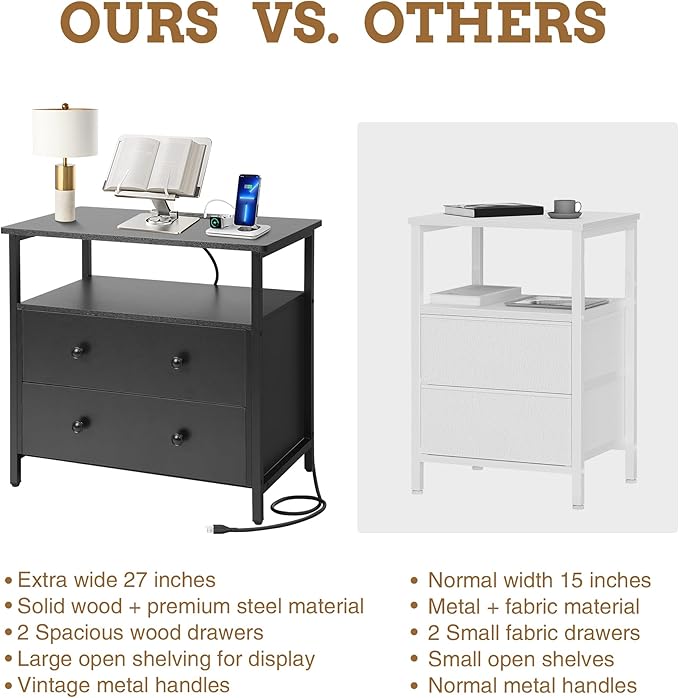 27 inch Wide Nightstand with Charging Station, Bedside Table with Open Shelf, 2 Drawers Small Wood Dresser, End Side Table for Bedroom (2 Pack,Black)