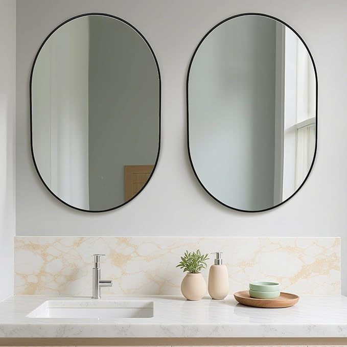 Oval Bathroom Mirror 22x30 Inch, Pill Shape Black Framed Wood Wall Mirrors with Tempered Glass for Modern Bedroom,Entryway or Living Room(Hanging Vertical or Horizontal)