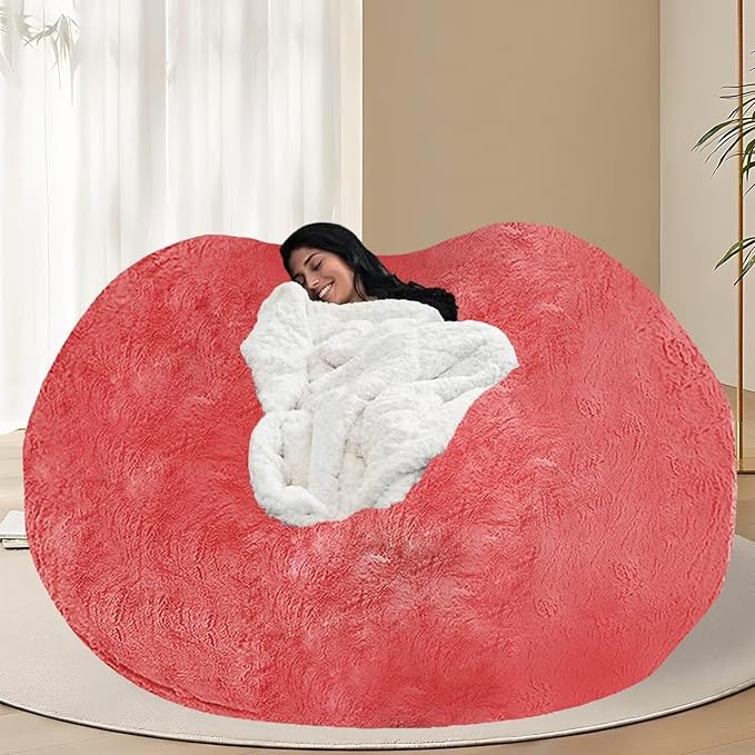 BCU Oversized Bean Bag Cover Comfy Beanbag Chair for Adults Without Filler Faux Fur Floor Chair Lazy Sofa Cover Comfy for Living Room Chairs, Rose Red, 5FT