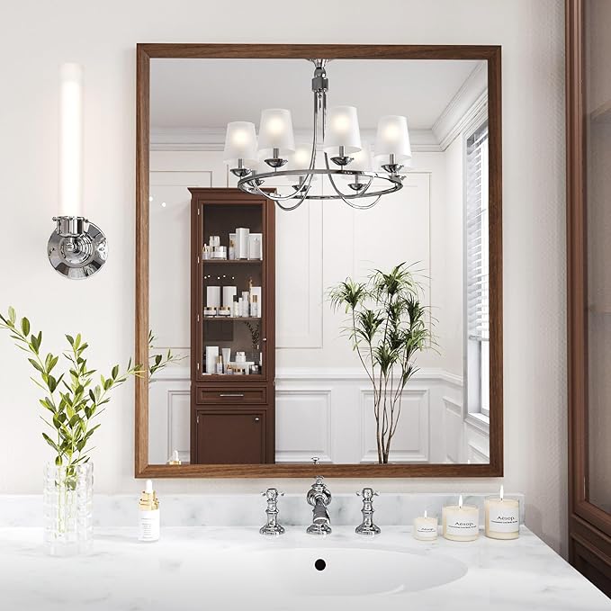 WEER Walnut Framed Mirror for Bathroom, 36x30 Inch Wall Mounted Mirror, Wood Grain Framed Vanity Mirror, Farmhouse Bathroom Mirror, Tempered Glass, Vertically or Horizontally, Anti-Rust