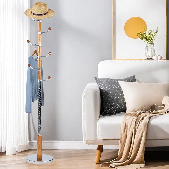 Coat Rack Freestanding, Metal Wooden Coat Tree with 6 Hooks, Heavy Duty Coat Hanger Stand with Resin and Stainless Steel Base, Free Standing Hall Tree for Scarf, Bag, Jacket (Metal)