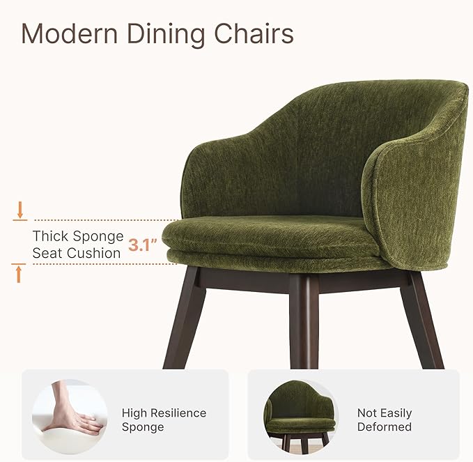 Wooden Dining Chairs Set of 4, Fabric Upholstered Modern Dining Room Chairs with Barrel Backrest & Double-Layer Thick Cushion for Living Room, Restaurant, Kitchen and Café, Green, 2 Boxs