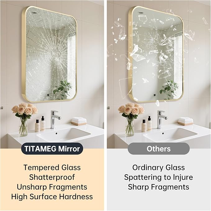 24x32 Inch Bathroom Mirror for Wall, Gold Framed Rectangle with Rounded Corner, Aluminum Alloy Brushed for Bedroom or Living Room, Vertical or Horizontal