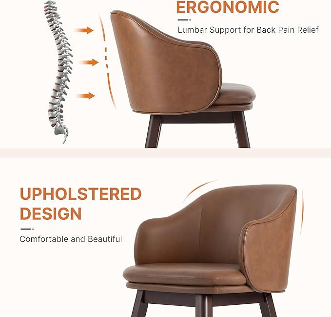 Wooden Dining Chairs Set of 2, Faux Leather Upholstered Modern Dining Room Chairs with Barrel Backrest & Double-Layer Thick Cushion for Living Room, Restaurant, Kitchen and Café, Brown