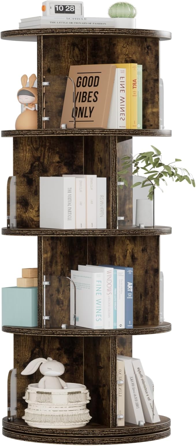 VECELO Rotating Bookshelf Tower, 360°Revolving Bookcase, Round Book Shelf Rotating, Stackable Storage Display Rack Floor Standing, Corner Bookshelf for Home Office, Brown