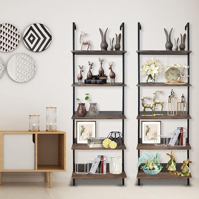 5 Tiers Ladder Shelf 2-Piece Black Modern Tall Bookshelf Open Large Tall Wall Mount Storage Bookcase Standing Leaning Wall Shelves Industrial Decorative (Brown)