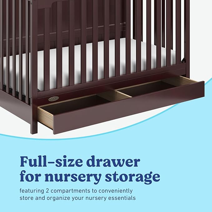 Graco Hadley 5-in-1 Convertible Crib with Drawer (Espresso) – GREENGUARD Gold Certified, Fits Standard Crib Mattress, Converts to Toddler Bed, Daybed and Full Bed, 4 Adjustable Mattress Heights