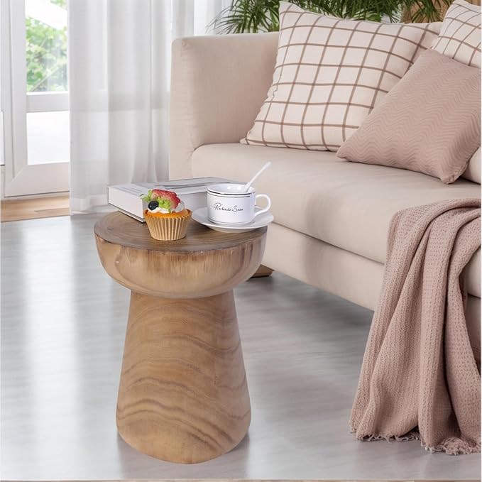Athaliah Small Rustic Tree Stump Wood Side Table/Stool – 17.75″H Compact Hand-Carved Paulownia Accent Table, Versatile Nightstand & Plant Stand, Farmhouse Style