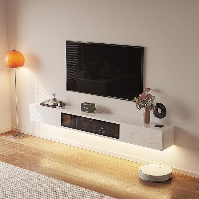 High Gloss Floating TV Stand,47'' Wall Mounted TV Console,Under TV Floating Shelf,Floating TV Cabinet with 3 Doors for Bedroom Living Room,White