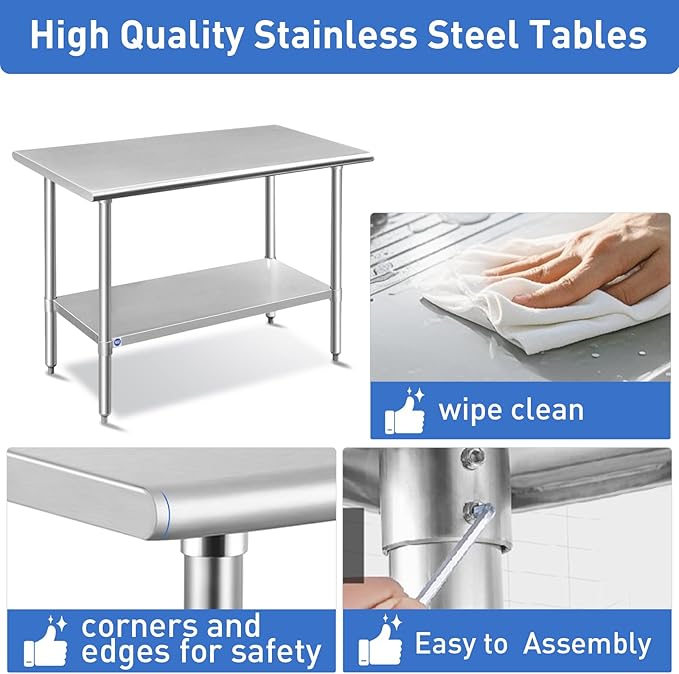 ROCKPOINT Stainless Steel Table for Prep & Work 14x24 Inches, NSF Metal Commercial Kitchen Heavy Duty Table with Adjustable Under Shelf and Table Foot for Restaurant, Home and Hotel