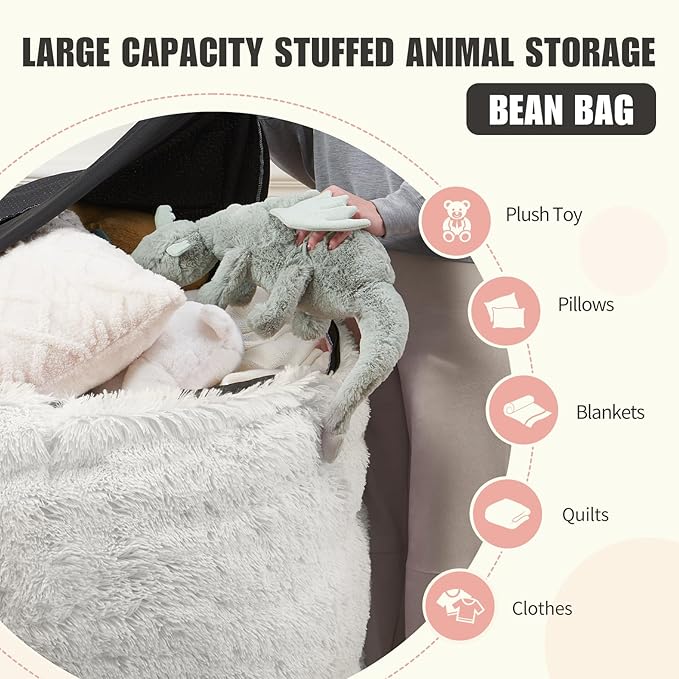 Giant Bean Bag Covers Only, Fluffy Stuffed Beanbag Chair Covers No Filler, Washable Bean Bags Cover for Adults, Stuffed Animal Bean Bag Anti-Slip, 6FT, White