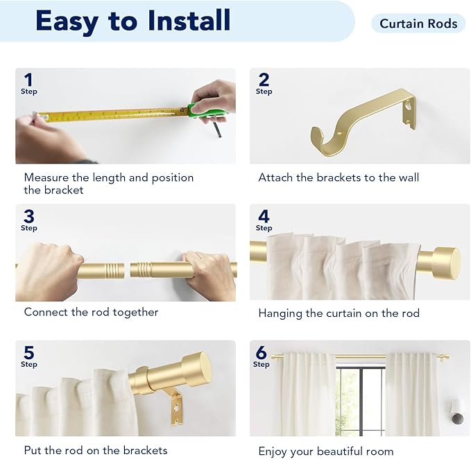 2 Pack Curtain Rods for Windows 72 to 144 Inch, 1 Inch Gold Curtain Rods Set, Adjustable Heavy Duty Curtain Rod, Outdoor Curtain Rods for Patio Bedroom, Drapery Rods with End Cap, Size 32"- 150"