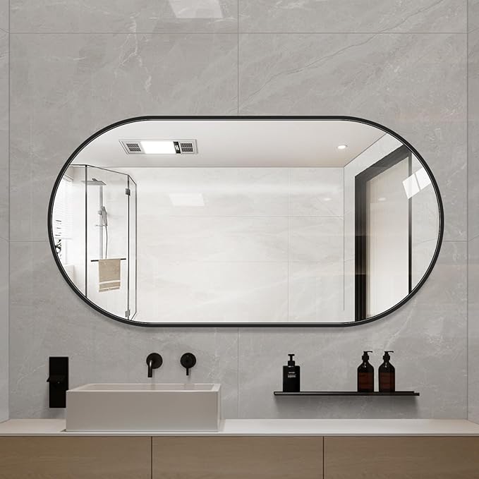 LAIYA 36x22inch Oval Wall Bathroom Mirror with Black Aluminum Frame,Wall Mounted Oval Vanity Mirrors， Explosion-Proof Glass, Waterproof Design, Easy Installation，Horizontally/Vertically
