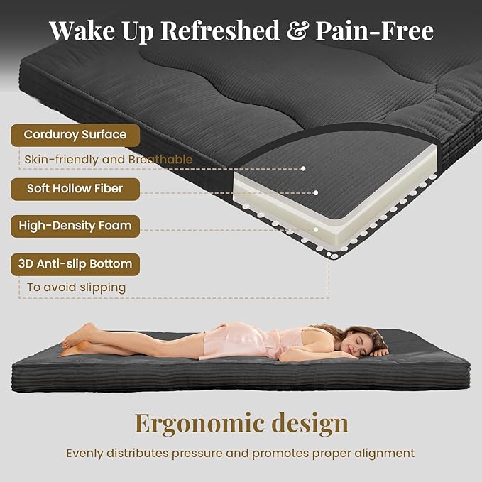 Japanese Floor Mattress, 4" Thicken Futon Mattress Queen Size Sleeping Pad, Corduroy Foldable Floor Pad, Roll Up Tatami Mat for Adults Guest Room Bedroom, Grey