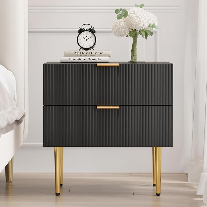 Night Stand, Black and Gold Nightstand with Fluted Panel, Bedside Table with 2 Drawer, Large Mid Century Modern Nightstand with Gold Leg, End Tables for Bedroom