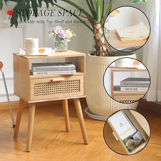 MaxSmeo Modern Nightstand Rattan Side End Table with Storage, for Living Room, Bedroom and Small Spaces, Accent Bedside Farmhouse Tables with Solid Wood Legs, Easy Assembly (Natural Walnut)