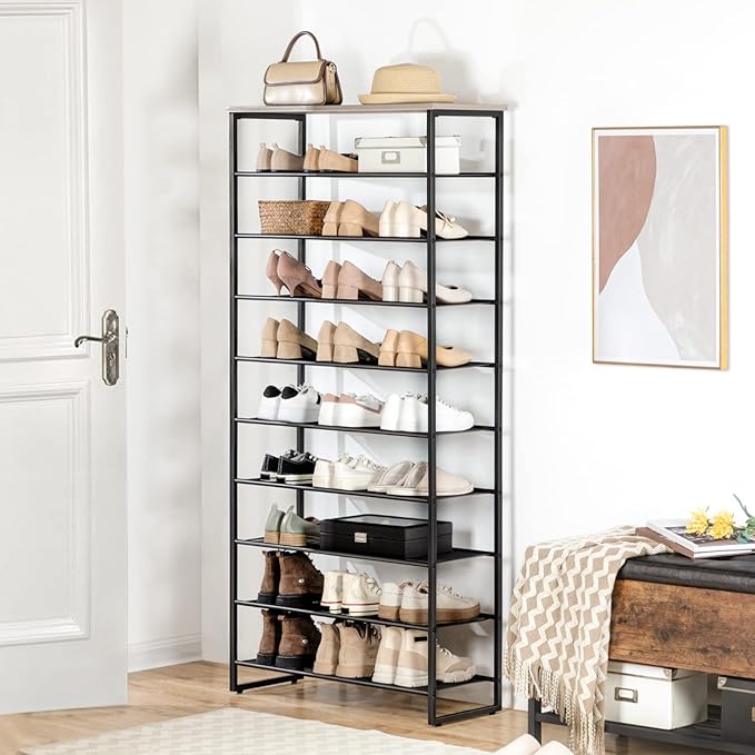 HOOBRO 10-Tier Shoe Rack, 29.5" L Shoe Storage Organizer, Large Capacity Shoe Shelf for Front Door Entrance, Entryway, Hallway, Holds 36-40 Pairs of Shoes, Closet, Greige and Black BG107XJ01