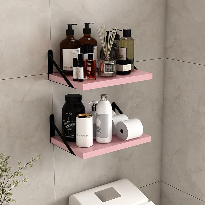 SAUMONIERES Floating Shelves Bookshelf for Bedroom Bathroom Living Room Wood Wall Mounted Wide Deep Storage, Pink Painted Set of 2
