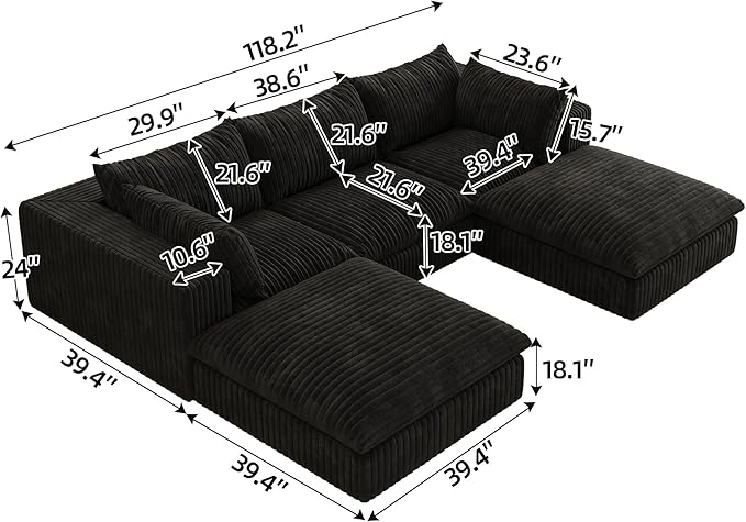 Down Filled Boneless Sectional Sofa Cloud Couch with Movable Ottomans, 118 inch Convertible U Shaped Lounge Couch w/Deep Seat, Fluffy Corduroy Upholstered Compress Modular Sofa