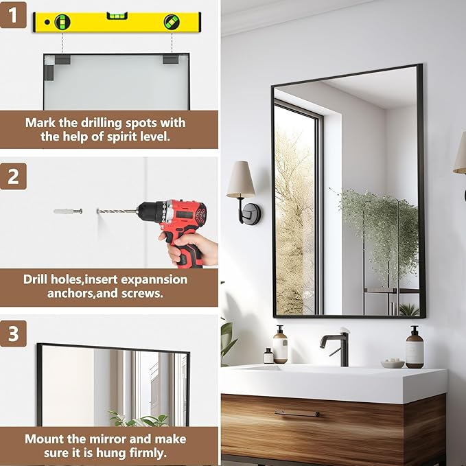 Black Bathroom Mirror, 16"x20" Rectangle Mirror, Matte Black Mirror, Metal Frame Square Corner Vanity Mirror, Wall Mounted Mirror for Modern, Living Room, Bedroom, Horizontal Or Vertical