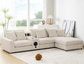 Merax 114 * 64" Corduroy Sectional Couches with Bluetooth Speakers, Storage, Ottoman & Pillows, Upholstered Modular Sofa Chaise with Console, USB Charger, Cup Holders for Living Room Apartment, Cream