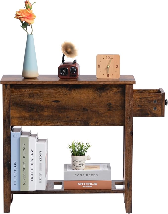 Brown Chairside Narrow End Table, Solid Wood Recliner Side Table with Drawer, Slim Nightstand Bedside Table for Living Room Bedroom