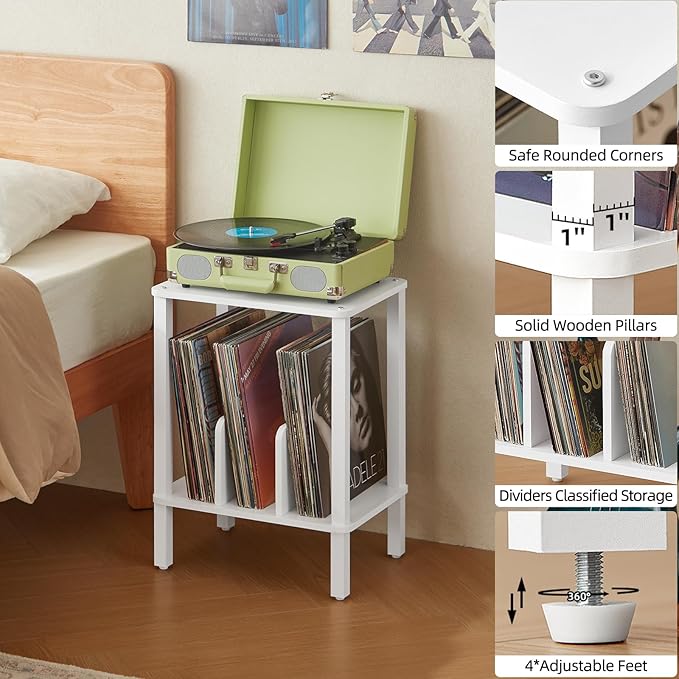 LELELINKY 2-Tier Record Player Stand with Vinyl Record Storage up to 100 Albums, Bedroom Record Holder and Multi-Functional End Table for Living Room, White