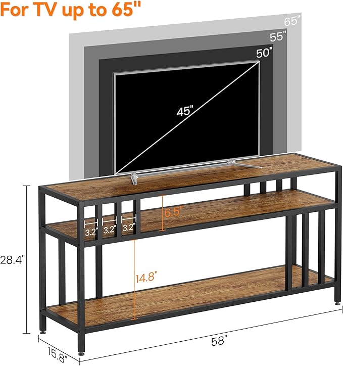 Garvee 58" TV Stand for Television up to 65 Inch, Entertainment Center with 3-Tier Open Shelves, TV Media Console Table Quadruple-Tube Support for Living Room, Entryway, Rustic Brown