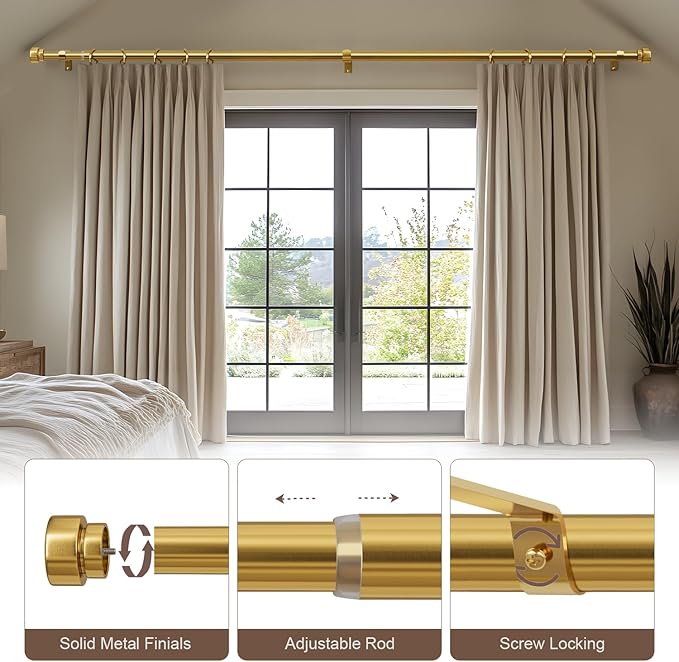 Modern Gold Curtain Rods for Windows 48 to 84 Inches Adjustable Length Heavy Duty 1" Diameter Brass Window Curtain Rod with Solid Metal Finials for Outdoor Farmhouse Bedroom Kitchen Living Room