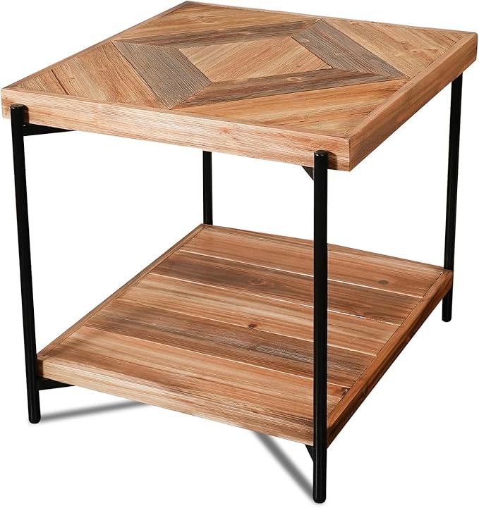 CONSDAN StoneCreek Solid Fir Wood Side Table - Metal Frame, 2-Tier End Table for Living Room/Bedroom/Office, 23" Square Night Stand, Accent Table