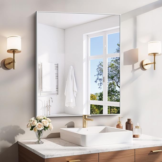 YIROMAN Bathroom Mirror 30"x36", Brushed Silver Bathroom Mirror for Over Sink with Aluminum Frame, Rectangular Vanity Mirror with Right Angles, Wall Mirror Hangs Horizontal or Vertical, Shatterproof