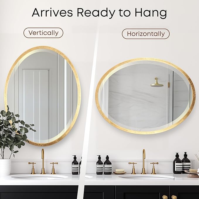 OVALCREST - Oval Wooden Beveled Wall Mirror for Home Decor, Bathroom, Vanity, Bedroom, Living Room, Hallway - London Style (Gold Leaf) 21.1 x 31.1
