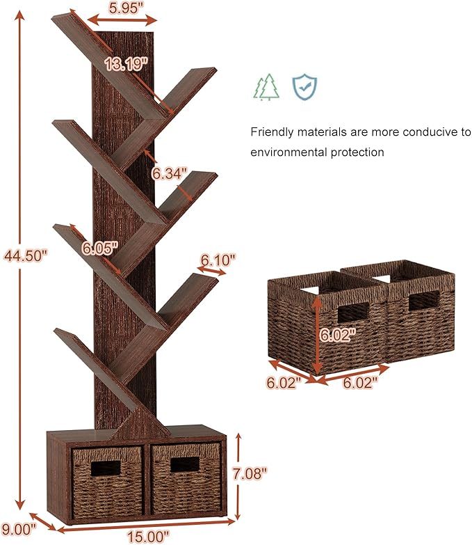 Vagusicc Tree Bookshelf, 6 Tier Bookshelf with Storage, Tall Narrow Bookcase, Rustic Wood Book Storage Rack for CDs/Books, Small Book Organizer Shelves for Bedroom Living Room, Home Office, Brown
