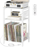 Yoobure Record Player Stand, 3-Tier White Side Table with Charging Station, Small End Table Record Holder with Vinyl Storage, Beside Tables Turntable Stand for Album CD, Night Stand for Living Room